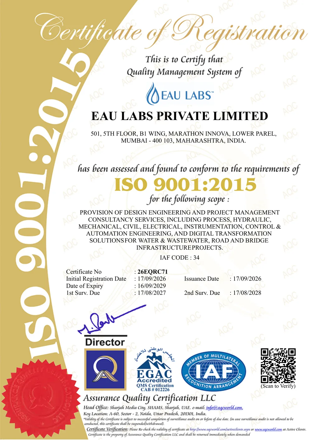 ISO 9001:2015 Certificate of Registration for Eau Labs Private Limited, certificate number 26EQRC71, issued by Assurance Quality Certification LLC